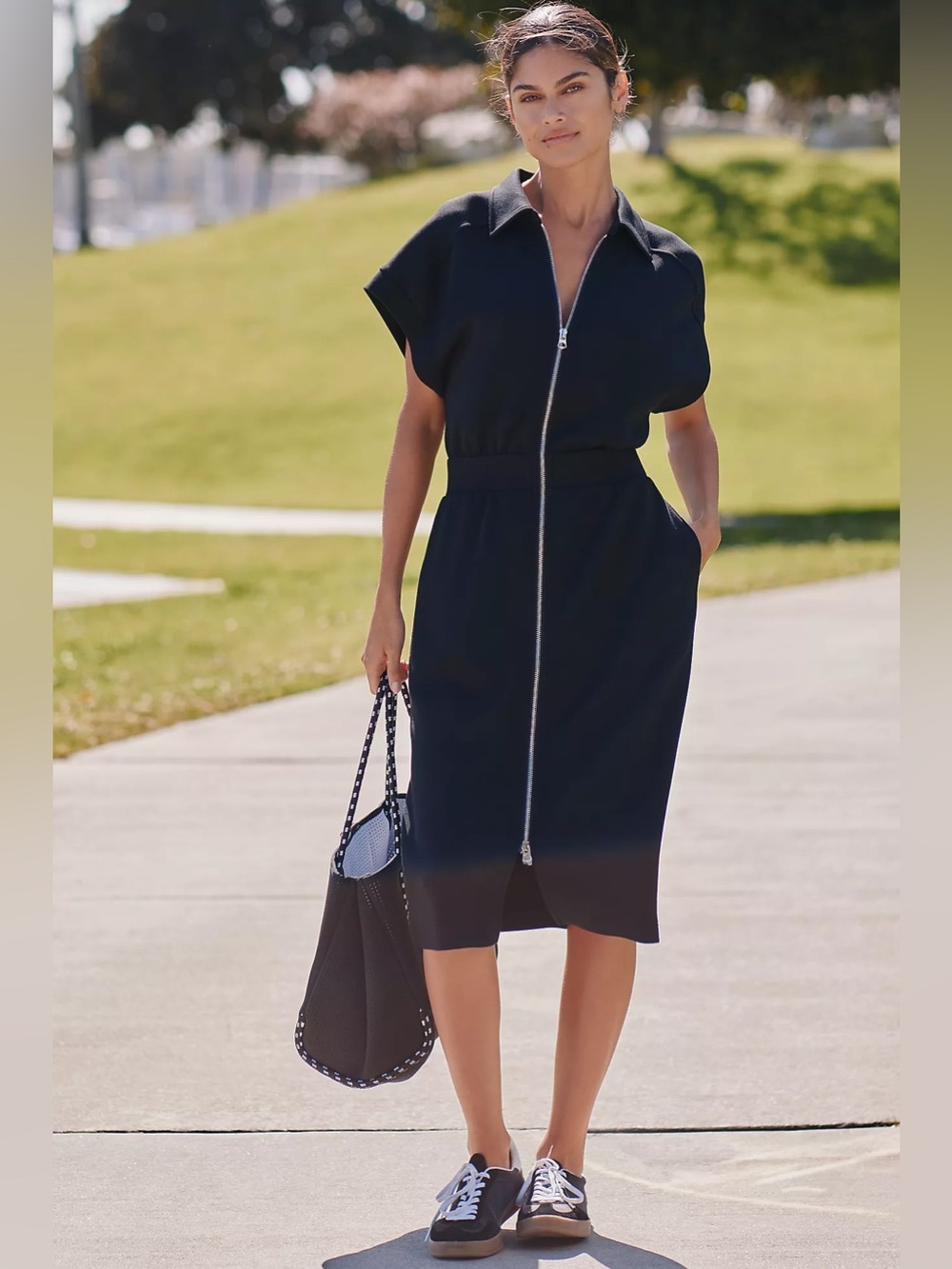 Varley Louisa Short-Sleeve Zip-Through Midi Dress Size Small